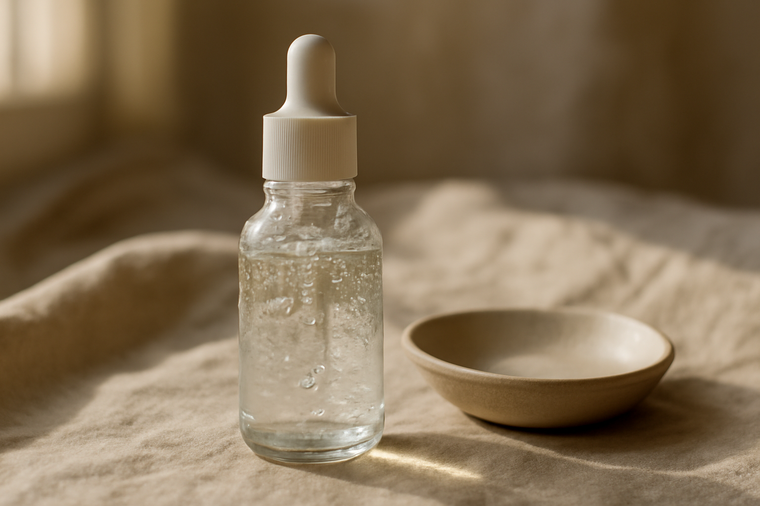 Botol essence bening di atas kain linen dengan tetesan air, suasana lembut untuk perawatan kulit
