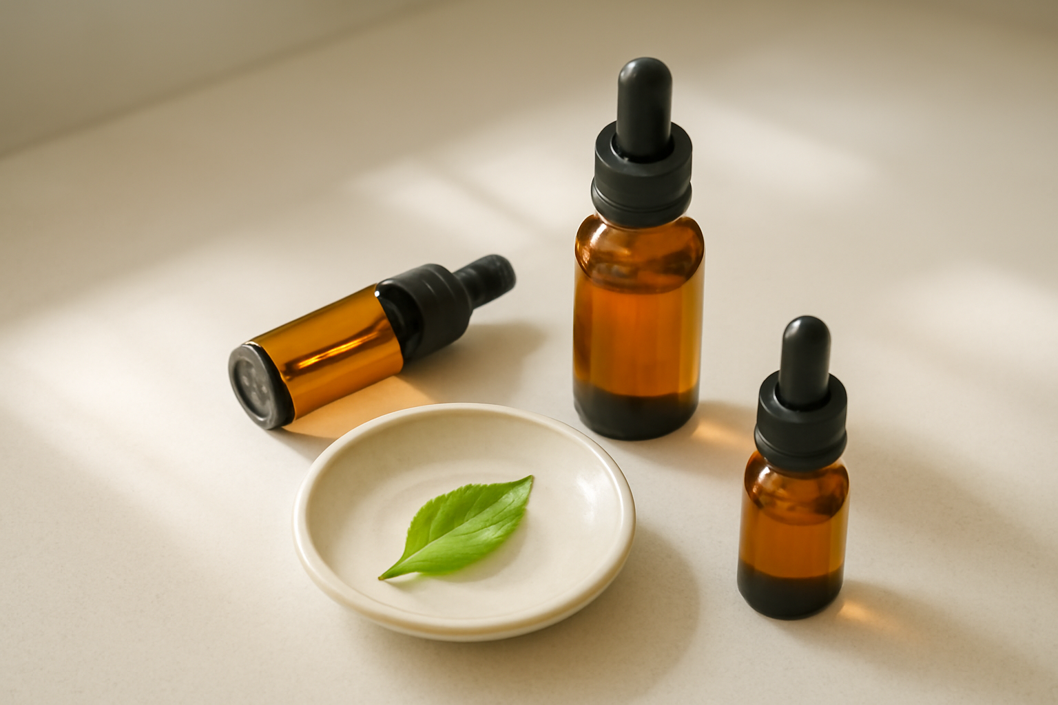 Tiga botol serum niacinamide di atas meja kamar mandi dengan cahaya pagi lembut