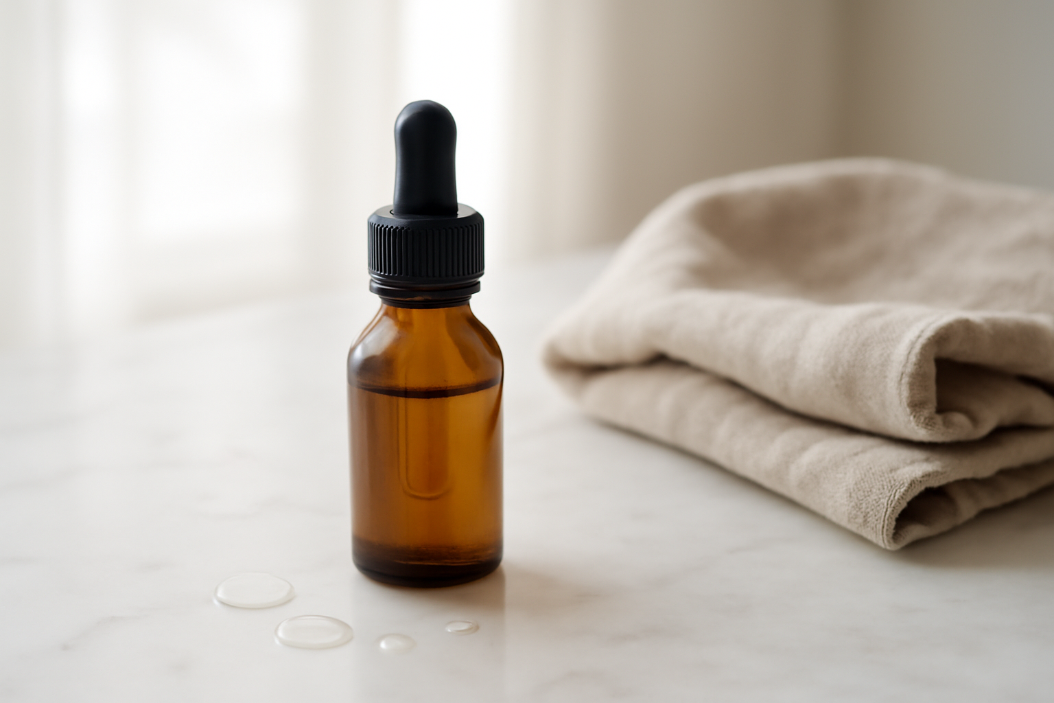 Botol kaca gelap berisi serum vitamin C di atas meja marmer putih