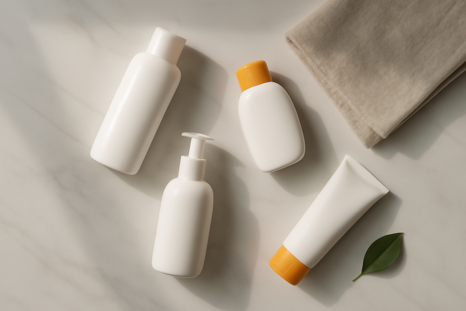 Beberapa botol sunscreen dengan tekstur berbeda ditata di atas meja marmer sebagai panduan memilih untuk pemula