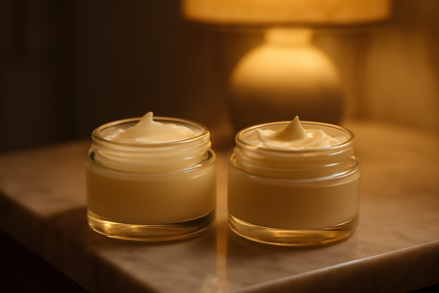 Dua wadah krim malam dan sleeping mask di rak kamar mandi dengan tekstur berbeda