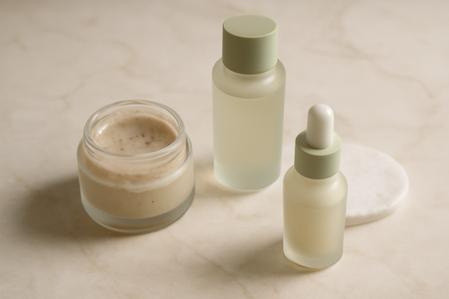 Tiga jenis produk eksfoliasi wajah yaitu scrub, toner, dan peeling solution di atas meja marmer