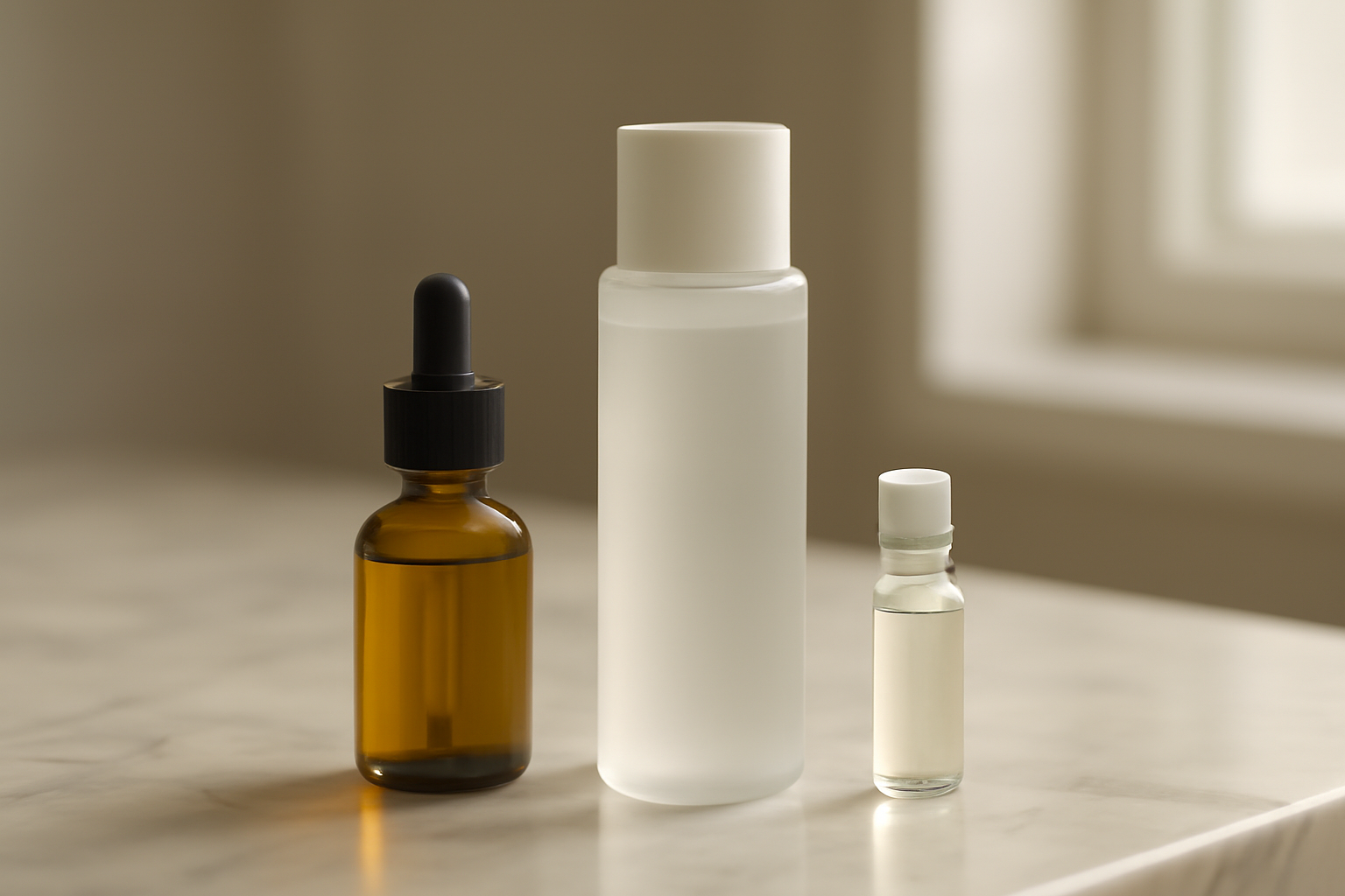 Tiga botol perawatan kulit berupa face oil, essence, dan serum ditata di atas meja marmer.