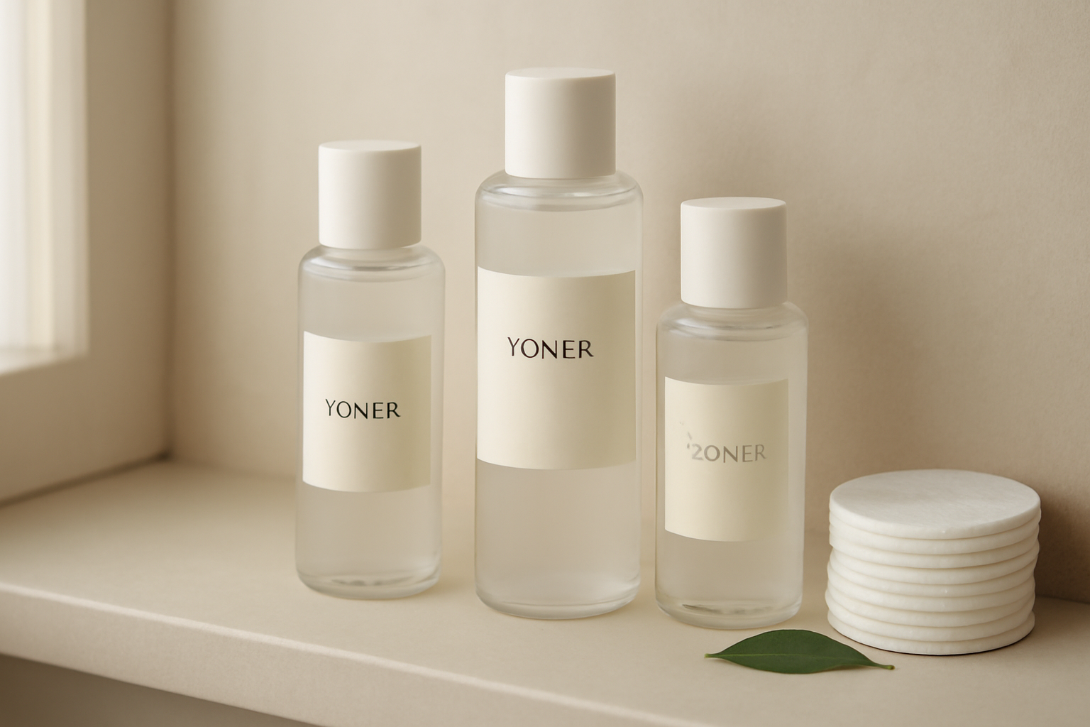 Tiga botol toner perawatan kulit tanpa merek di rak kamar mandi sebagai ilustrasi perbandingan toner untuk kulit berjerawat