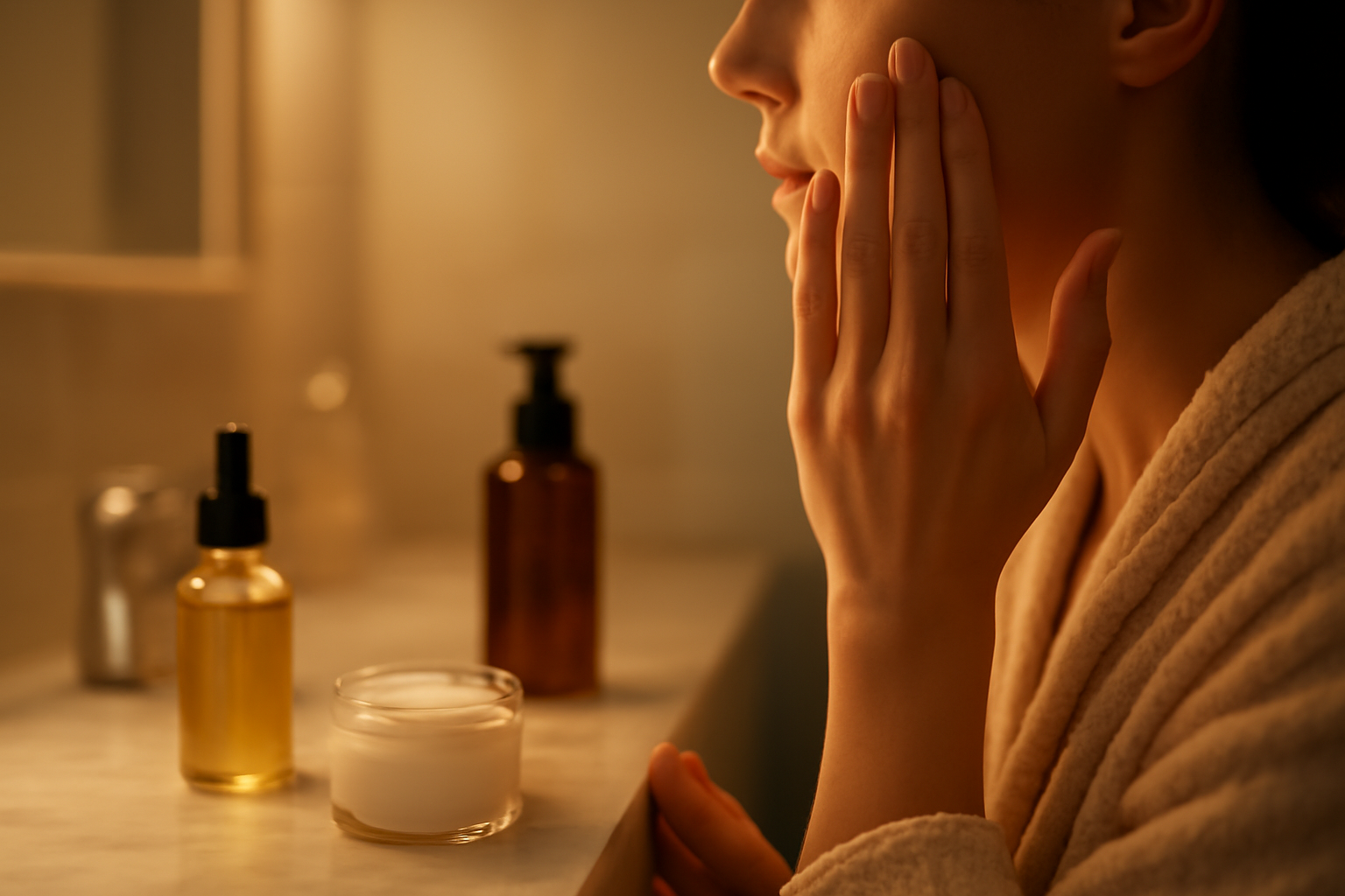 Wanita mengaplikasikan pelembap sebagai bagian dari rutinitas skincare malam